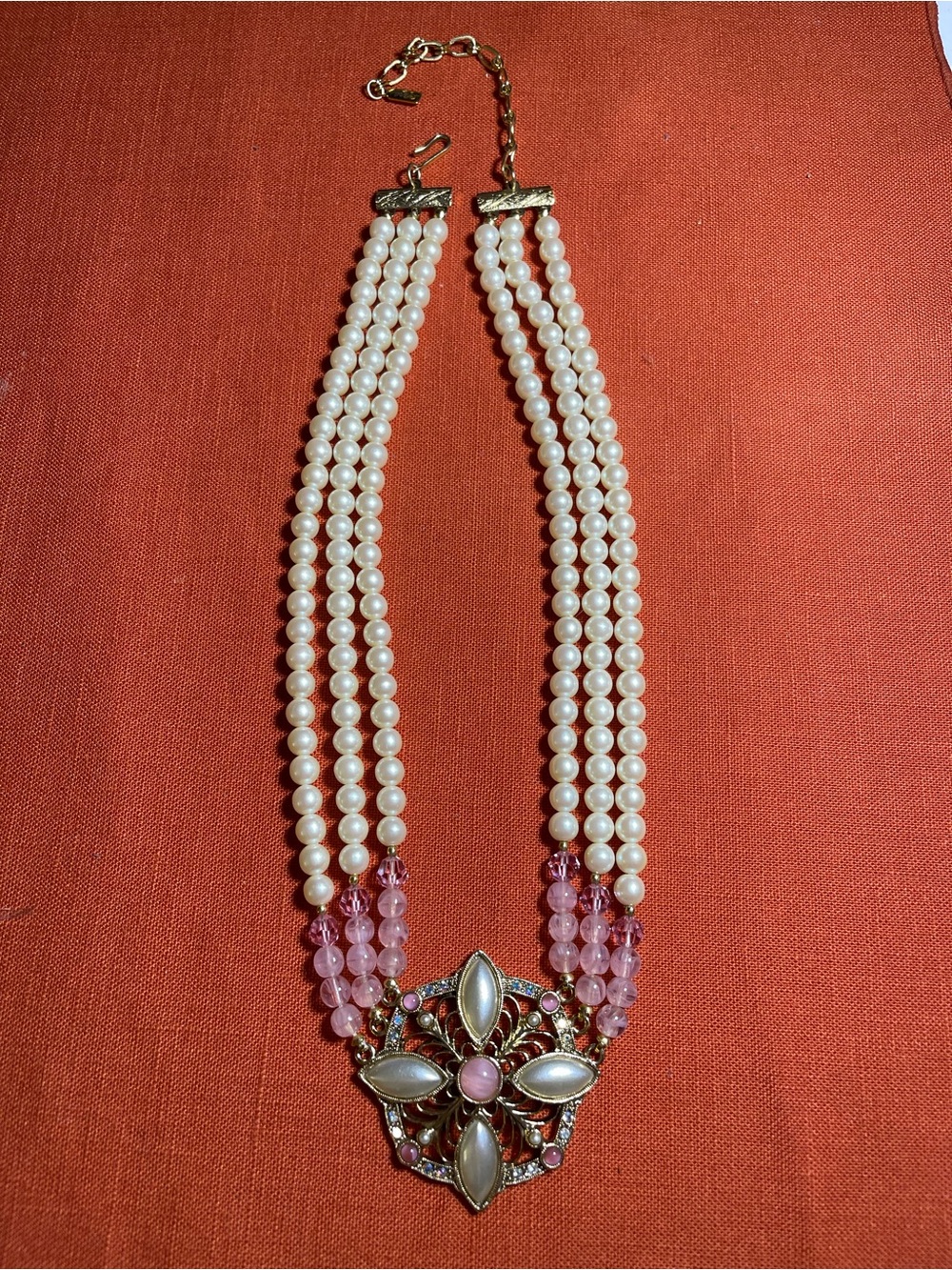 1928 Gold-Tone Pearl and Pink Bead Multi-Strand Necklace with Floral Medallion
